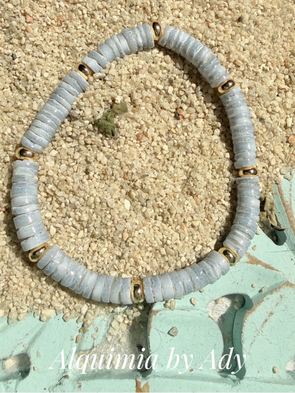 Aquamarine Pale Blue Beaded Stretch Bracelet with Gold Accents